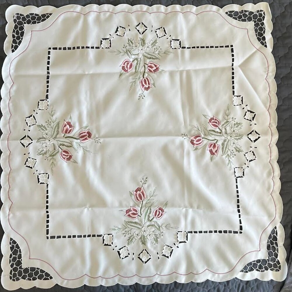 Vintage Satin Embroidered Square Tablecloth